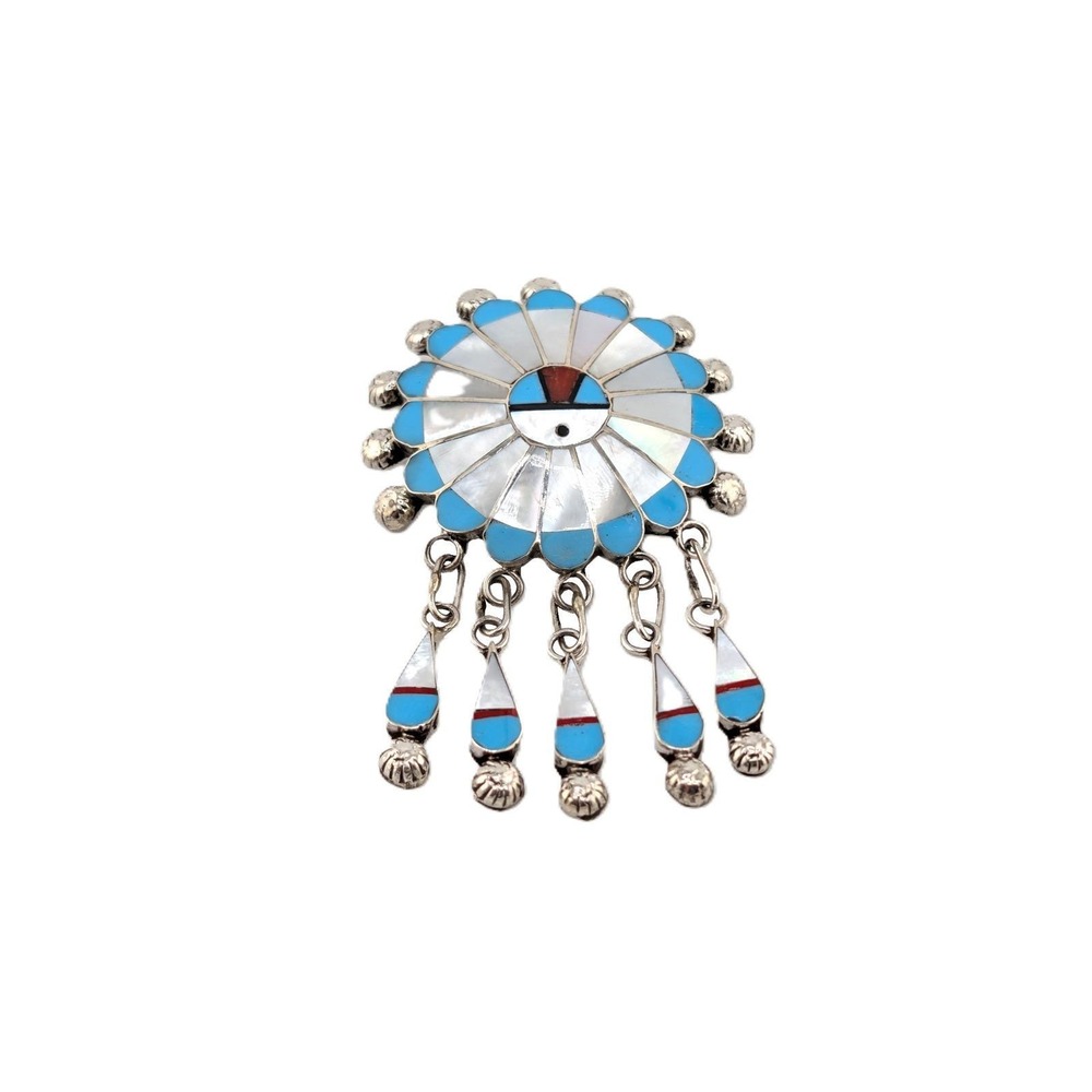 Zuni Sunface Inlay Brooch Pendant Native American Pin with Dangle Tassels